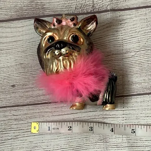 Yorkshire Terrier Dog Glass Christmas Tree Ornament Ballerina Feather Boa Yorkie - Picture 10 of 16